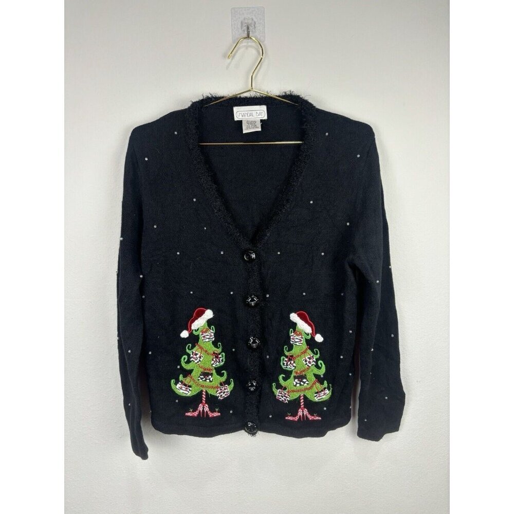 Christmas Holiday Cardigan Sweater Trees Beads Santa Hat Size L Mandal Bay Black